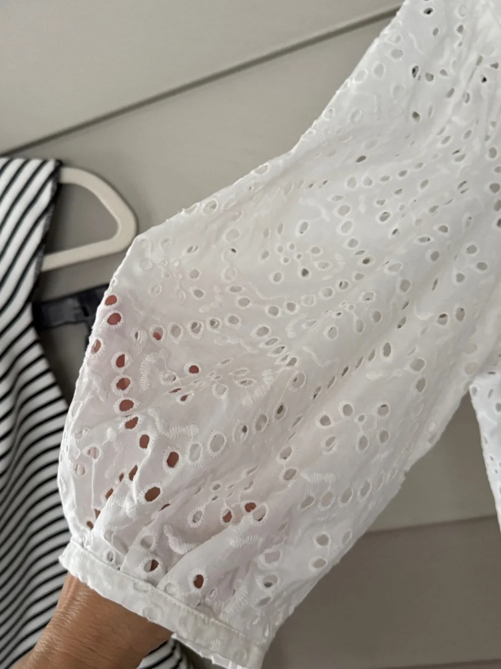 Zara White Eyelet Button-Down Shirt with Puff Sleeves